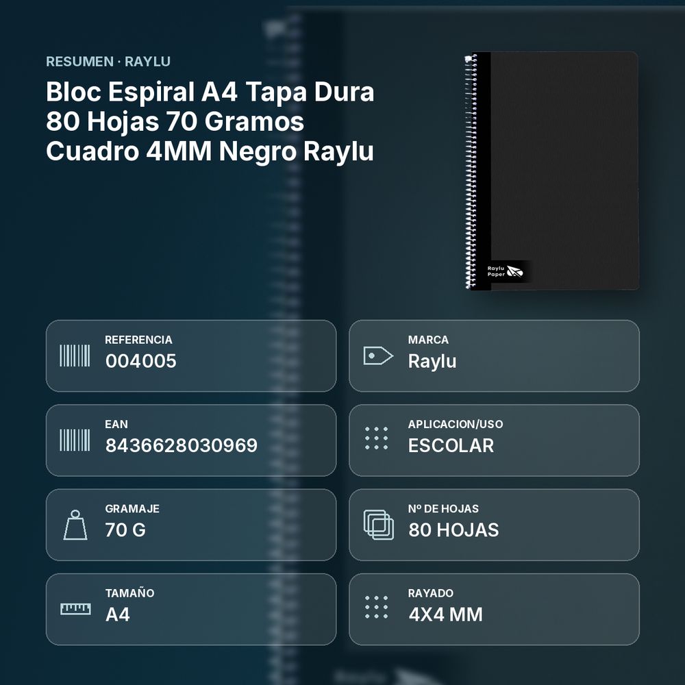 BLOC ESPIRAL A4 TAPA DURA 80 HOJAS 70 GRAMOS CUADRO 4MM NEGRO RAYLU - resumen de atributos