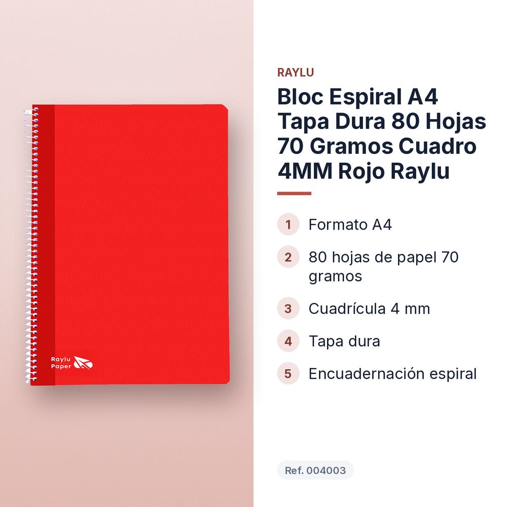 BLOC ESPIRAL A4 TAPA DURA 80 HOJAS 70 GRAMOS CUADRO 4MM ROJO RAYLU - características principales
