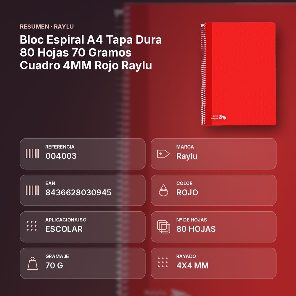 BLOC ESPIRAL A4 TAPA DURA 80 HOJAS 70 GRAMOS CUADRO 4MM ROJO RAYLU - resumen de atributos