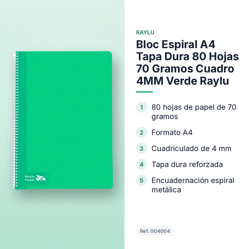 BLOC ESPIRAL A4 TAPA DURA 80 HOJAS 70 GRAMOS CUADRO 4MM VERDE RAYLU - características principales