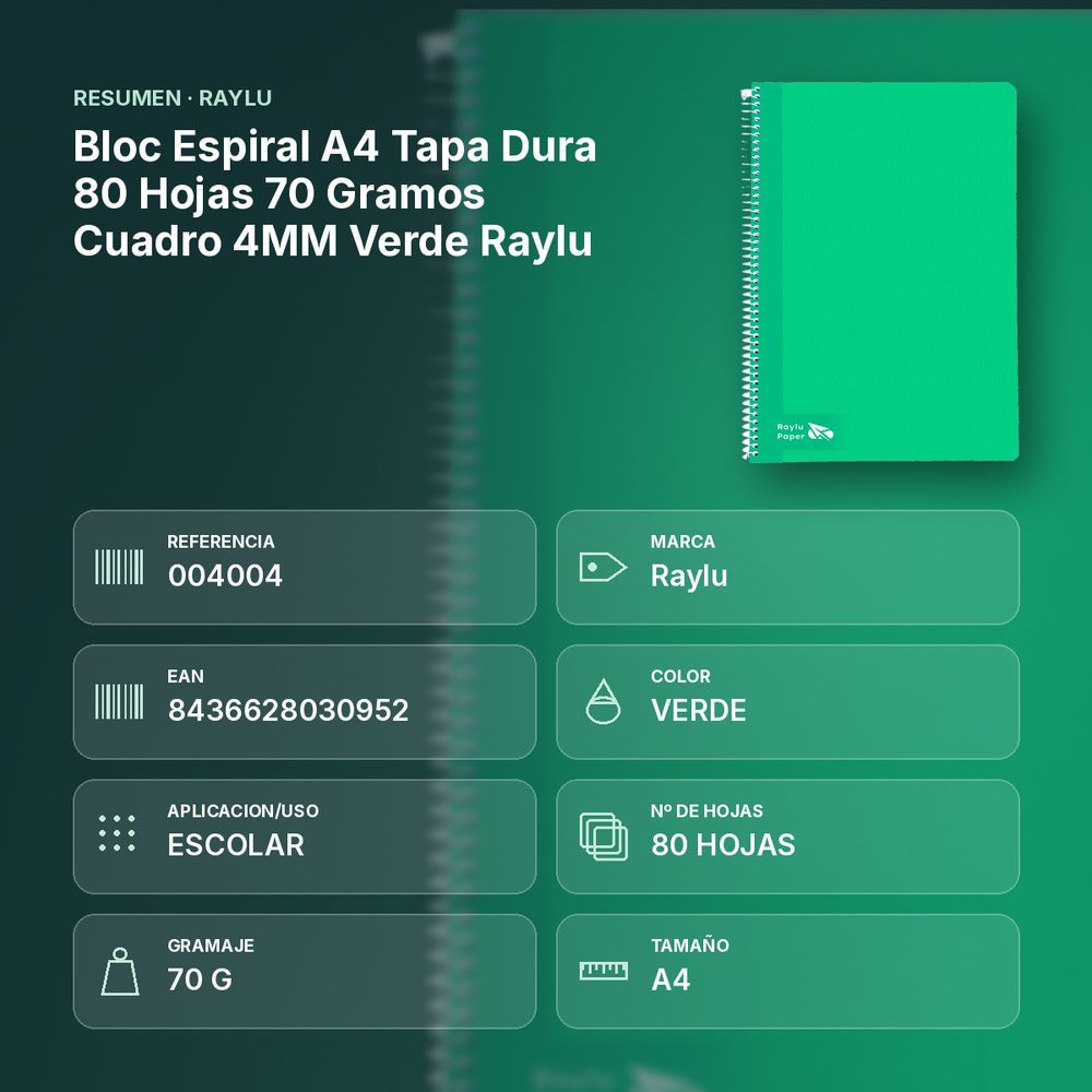 BLOC ESPIRAL A4 TAPA DURA 80 HOJAS 70 GRAMOS CUADRO 4MM VERDE RAYLU - resumen de atributos