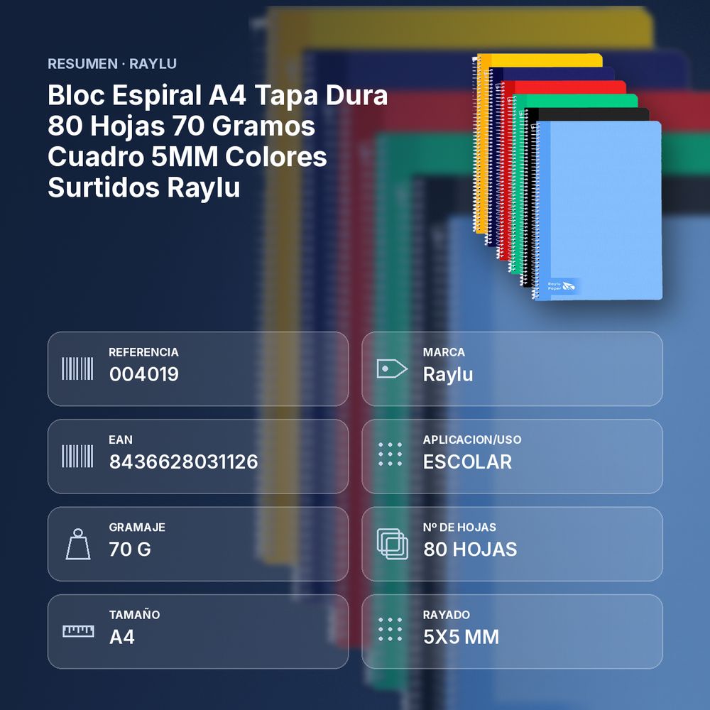 BLOC ESPIRAL A4 TAPA DURA 80 HOJAS 70 GRAMOS CUADRO 5MM COLORES SURTIDOS RAYLU - resumen de atributos