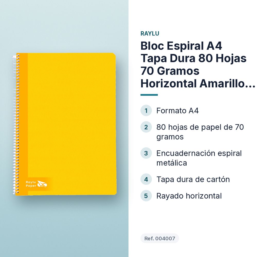 BLOC ESPIRAL A4 TAPA DURA 80 HOJAS 70 GRAMOS HORIZONTAL AMARILLO RAYLU - características principales