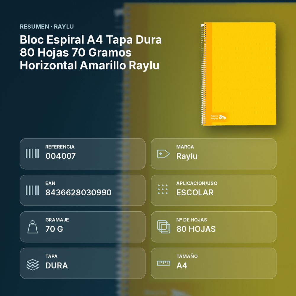BLOC ESPIRAL A4 TAPA DURA 80 HOJAS 70 GRAMOS HORIZONTAL AMARILLO RAYLU - resumen de atributos
