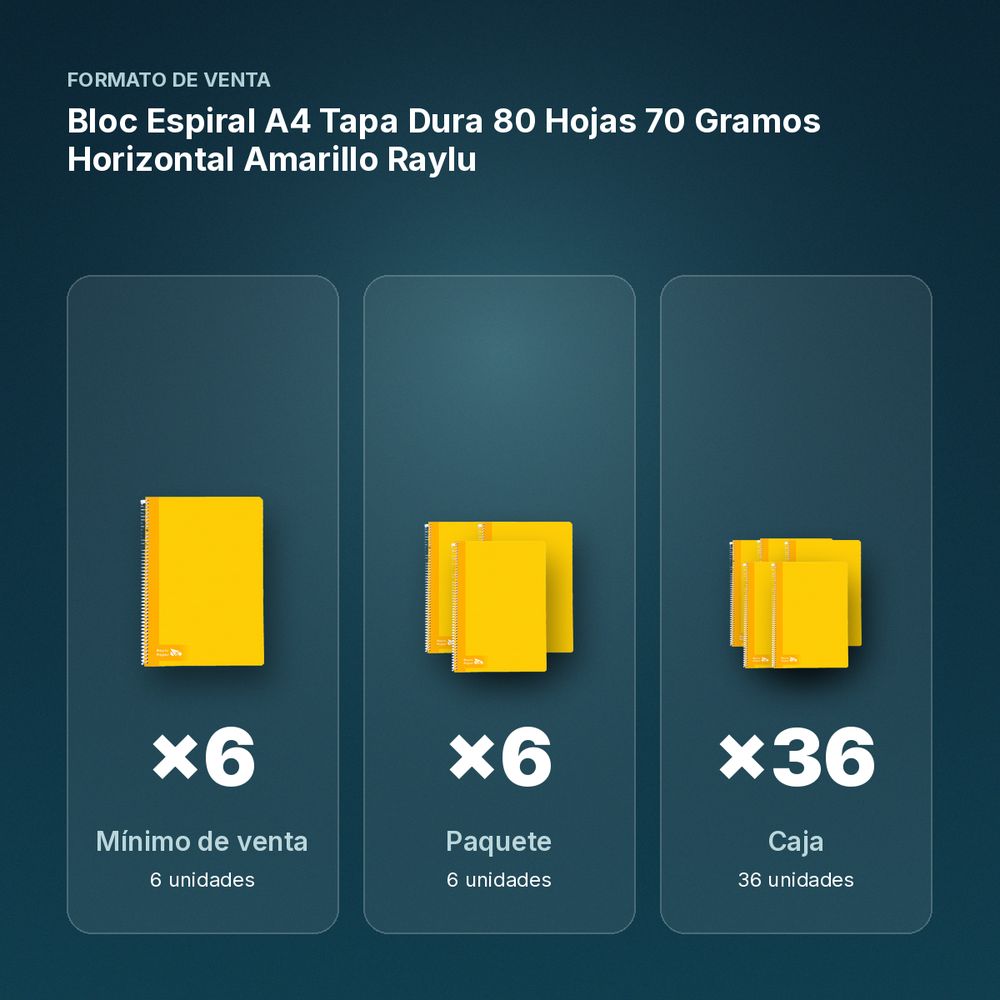 BLOC ESPIRAL A4 TAPA DURA 80 HOJAS 70 GRAMOS HORIZONTAL AMARILLO RAYLU - formato de venta: paquete de 6, caja de 36, palé de 1296