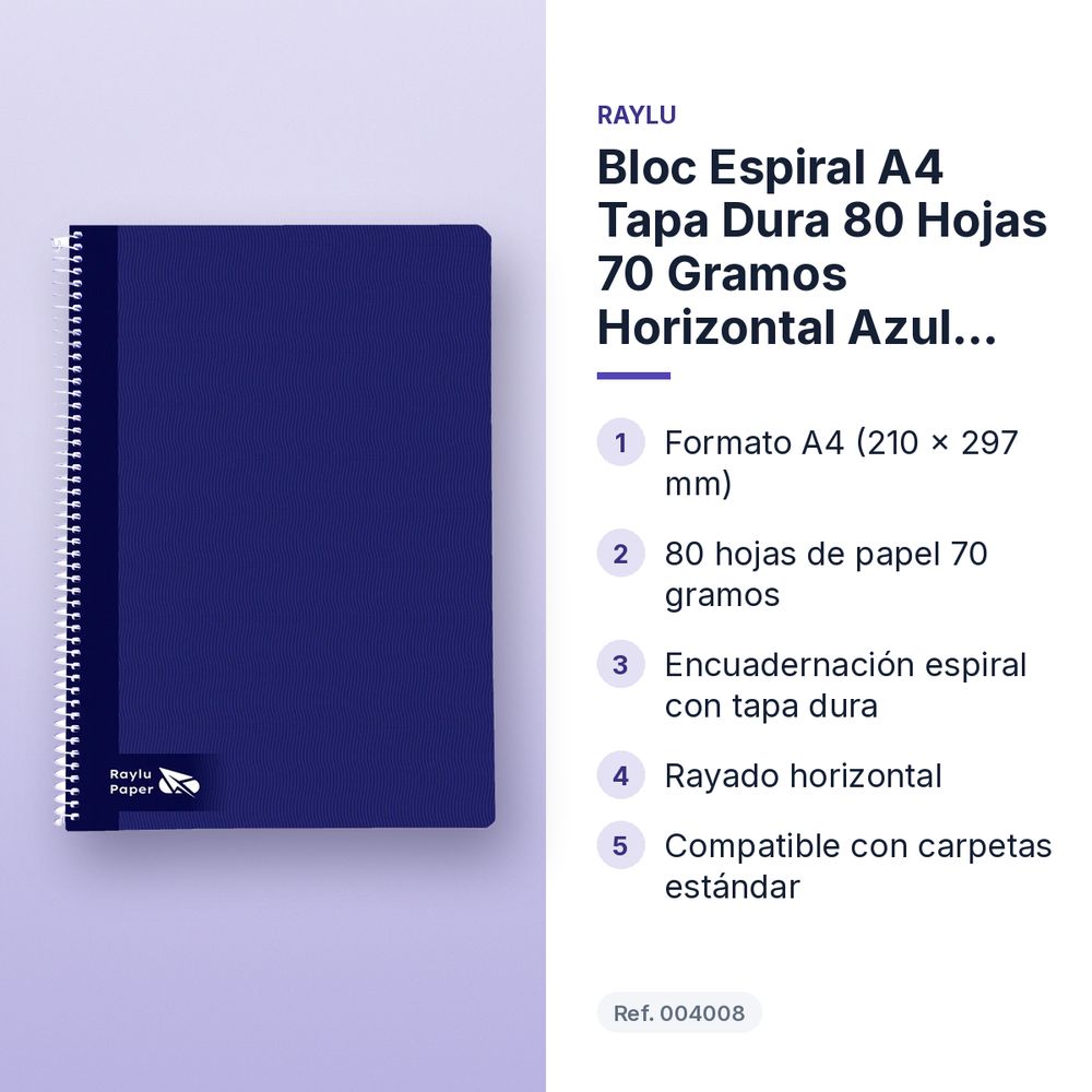 BLOC ESPIRAL A4 TAPA DURA 80 HOJAS 70 GRAMOS HORIZONTAL AZUL OSCURO RAYLU - características principales