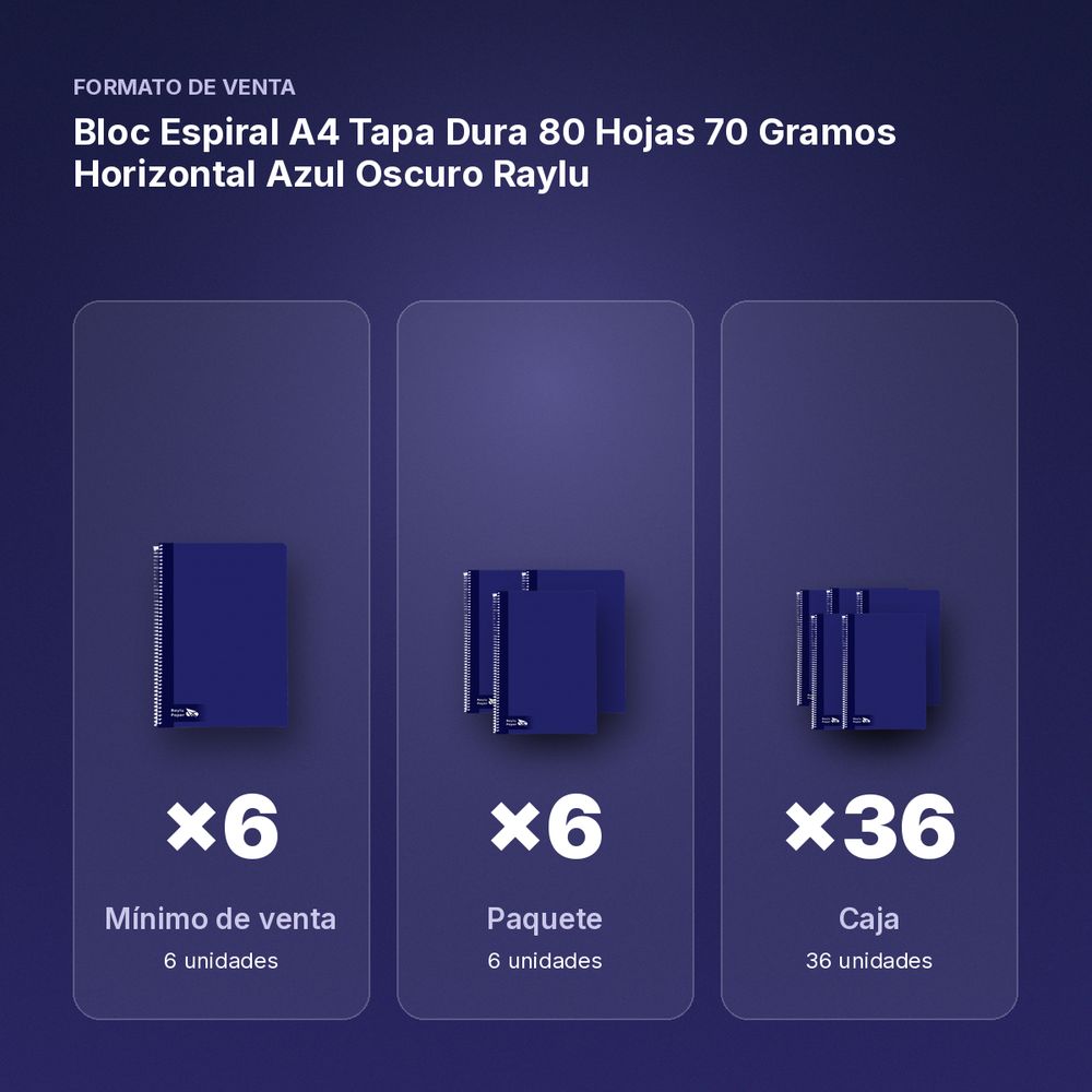 BLOC ESPIRAL A4 TAPA DURA 80 HOJAS 70 GRAMOS HORIZONTAL AZUL OSCURO RAYLU - formato de venta: paquete de 6, caja de 36, palé de 1296
