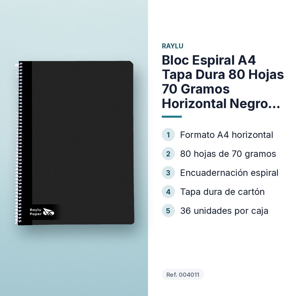 BLOC ESPIRAL A4 TAPA DURA 80 HOJAS 70 GRAMOS HORIZONTAL NEGRO RAYLU - características principales