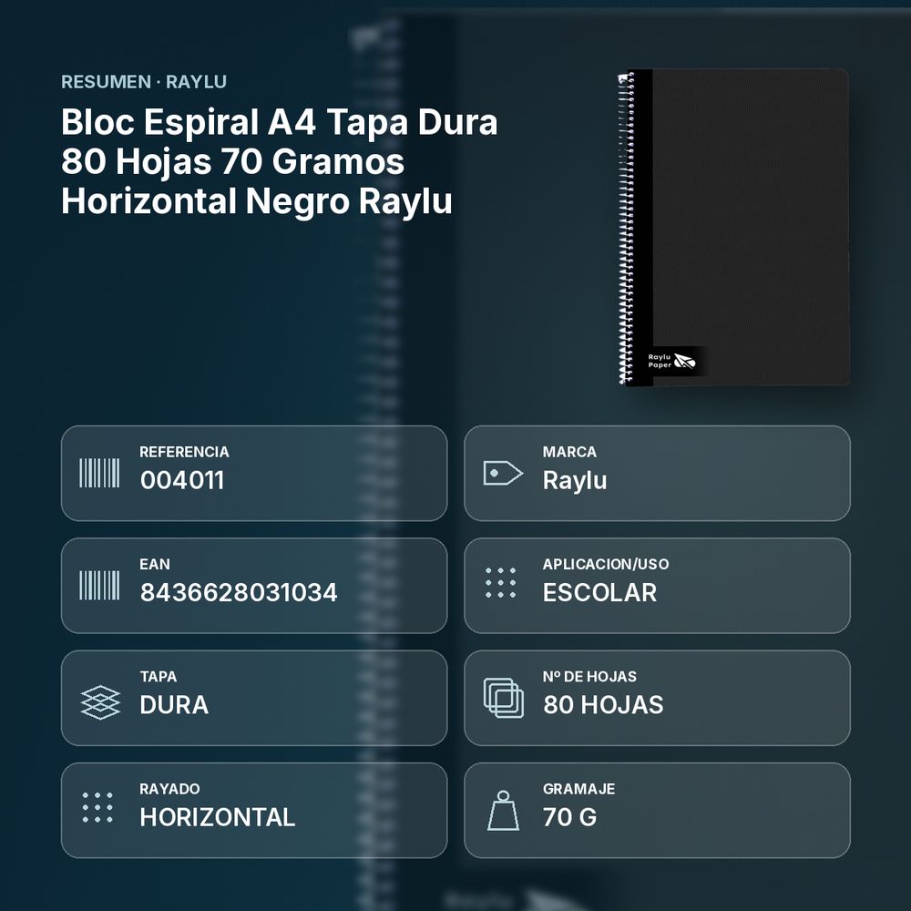 BLOC ESPIRAL A4 TAPA DURA 80 HOJAS 70 GRAMOS HORIZONTAL NEGRO RAYLU - resumen de atributos