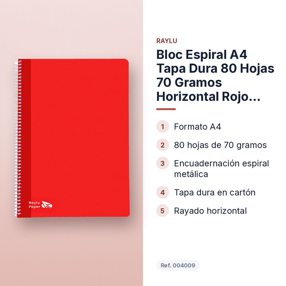 BLOC ESPIRAL A4 TAPA DURA 80 HOJAS 70 GRAMOS HORIZONTAL ROJO RAYLU - características principales
