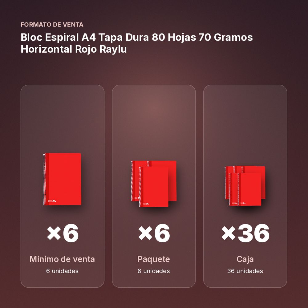 BLOC ESPIRAL A4 TAPA DURA 80 HOJAS 70 GRAMOS HORIZONTAL ROJO RAYLU - formato de venta: paquete de 6, caja de 36, palé de 1296