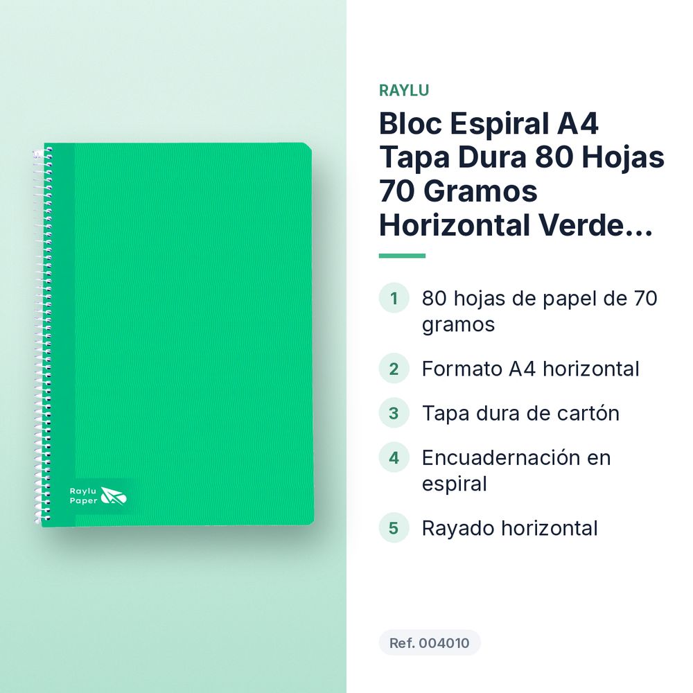 BLOC ESPIRAL A4 TAPA DURA 80 HOJAS 70 GRAMOS HORIZONTAL VERDE RAYLU - características principales