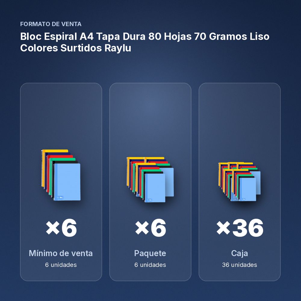 BLOC ESPIRAL A4 TAPA DURA 80 HOJAS 70 GRAMOS LISO COLORES SURTIDOS RAYLU - formato de venta: paquete de 6, caja de 36, palé de 1296