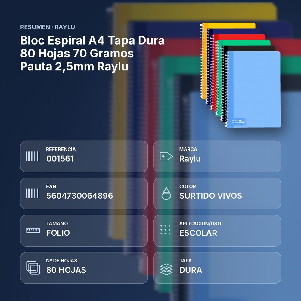 BLOC ESPIRAL A4 TAPA DURA 80 HOJAS 70 GRAMOS PAUTA 2,5MM RAYLU - resumen de atributos