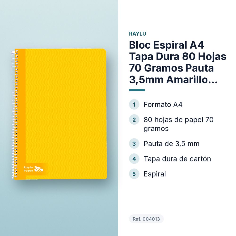 BLOC ESPIRAL A4 TAPA DURA 80 HOJAS 70 GRAMOS PAUTA 3,5MM AMARILLO RAYLU - características principales