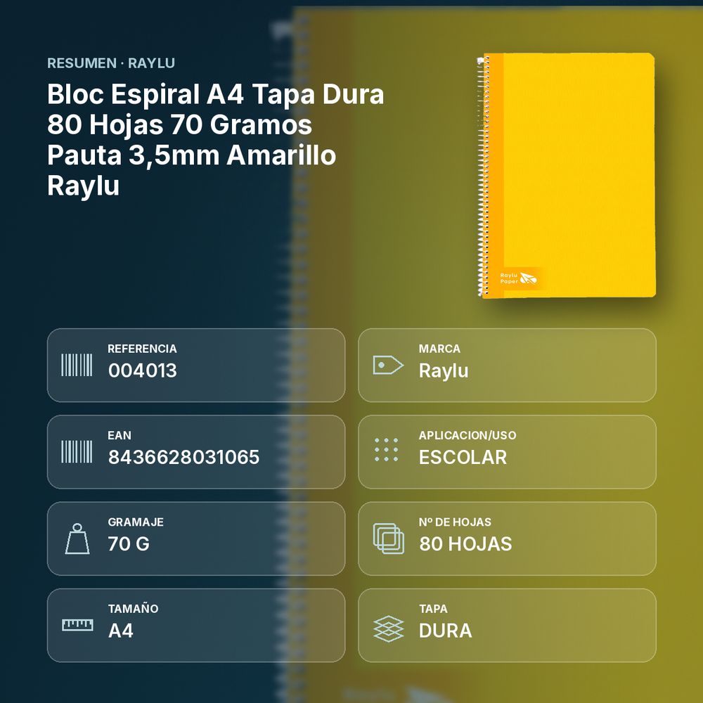 BLOC ESPIRAL A4 TAPA DURA 80 HOJAS 70 GRAMOS PAUTA 3,5MM AMARILLO RAYLU - resumen de atributos