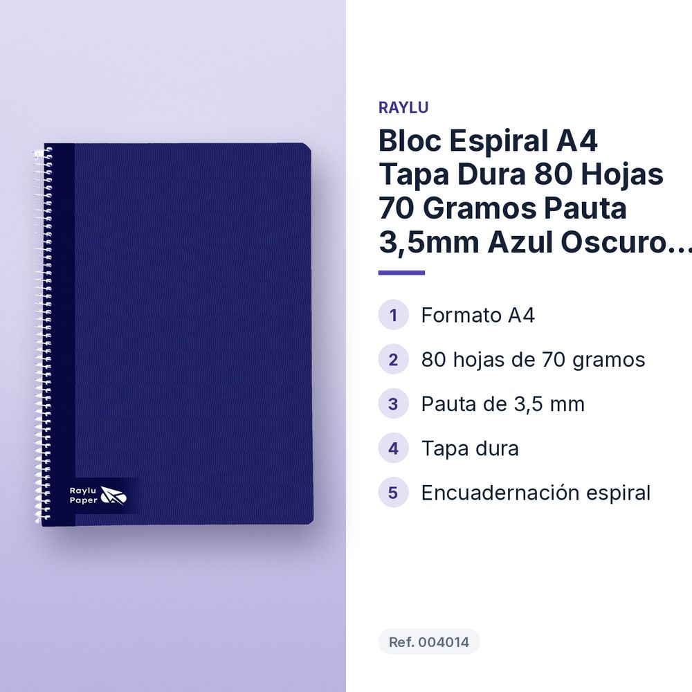 BLOC ESPIRAL A4 TAPA DURA 80 HOJAS 70 GRAMOS PAUTA 3,5MM AZUL OSCURO RAYLU - características principales