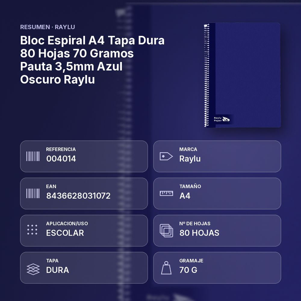 BLOC ESPIRAL A4 TAPA DURA 80 HOJAS 70 GRAMOS PAUTA 3,5MM AZUL OSCURO RAYLU - resumen de atributos