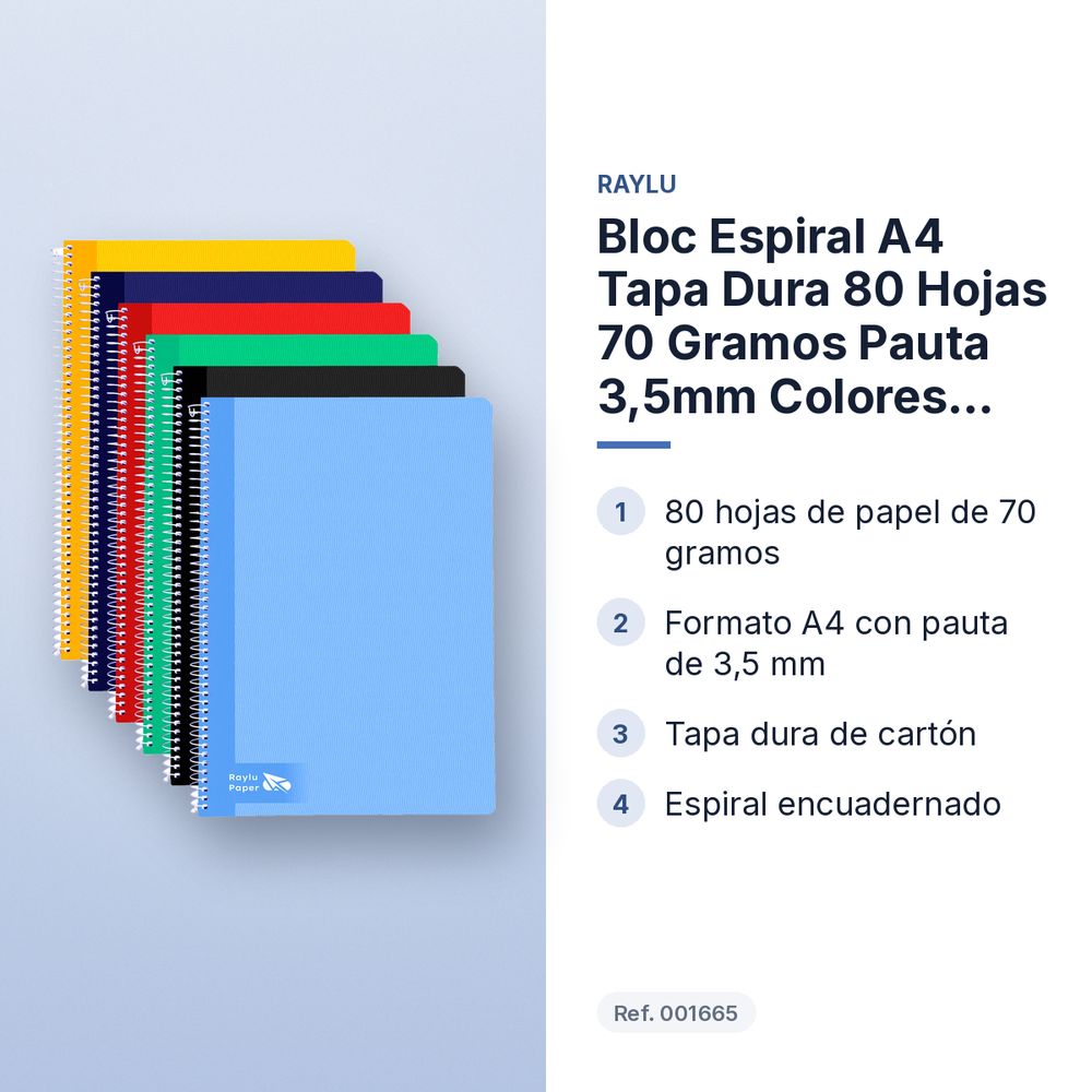 BLOC ESPIRAL A4 TAPA DURA 80 HOJAS 70 GRAMOS PAUTA 3,5MM COLORES SURTIDOS RAYLU - características principales