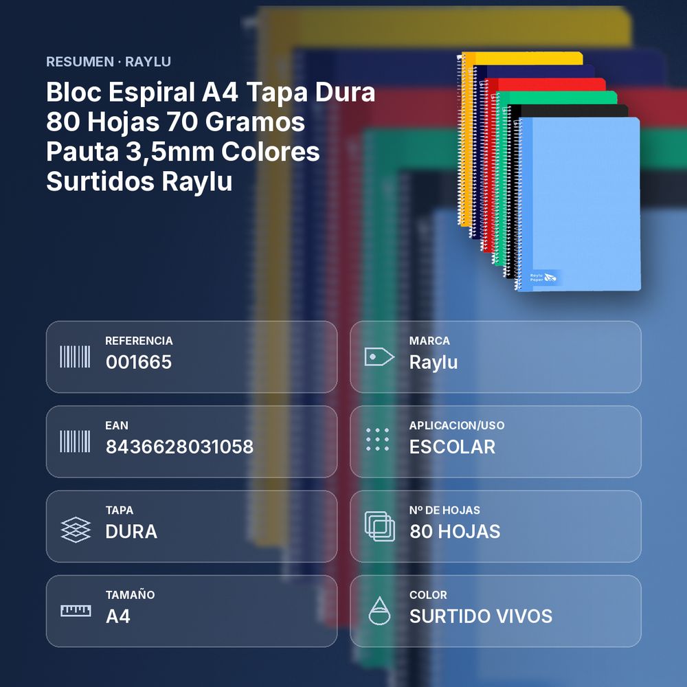 BLOC ESPIRAL A4 TAPA DURA 80 HOJAS 70 GRAMOS PAUTA 3,5MM COLORES SURTIDOS RAYLU - resumen de atributos