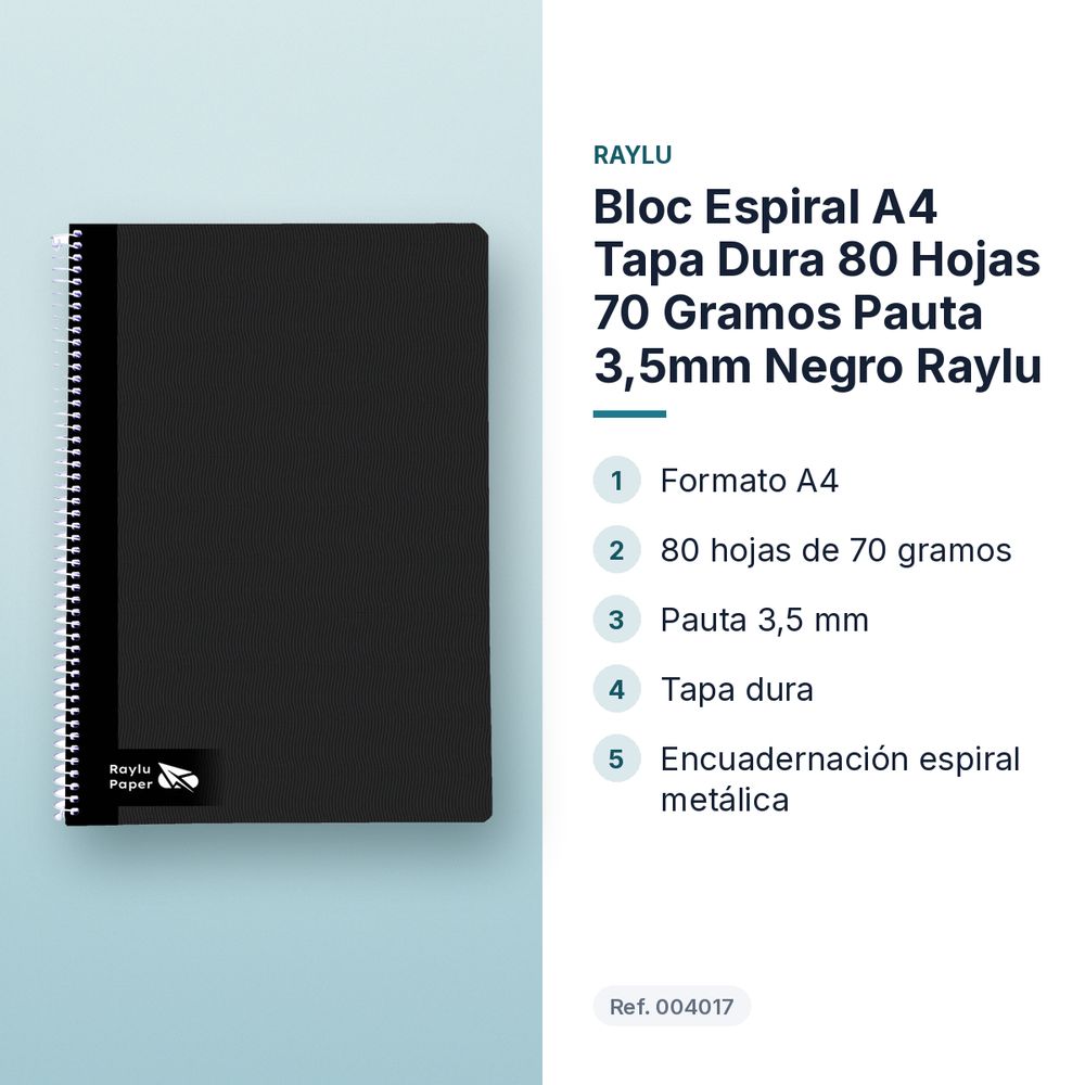 BLOC ESPIRAL A4 TAPA DURA 80 HOJAS 70 GRAMOS PAUTA 3,5MM NEGRO RAYLU - características principales