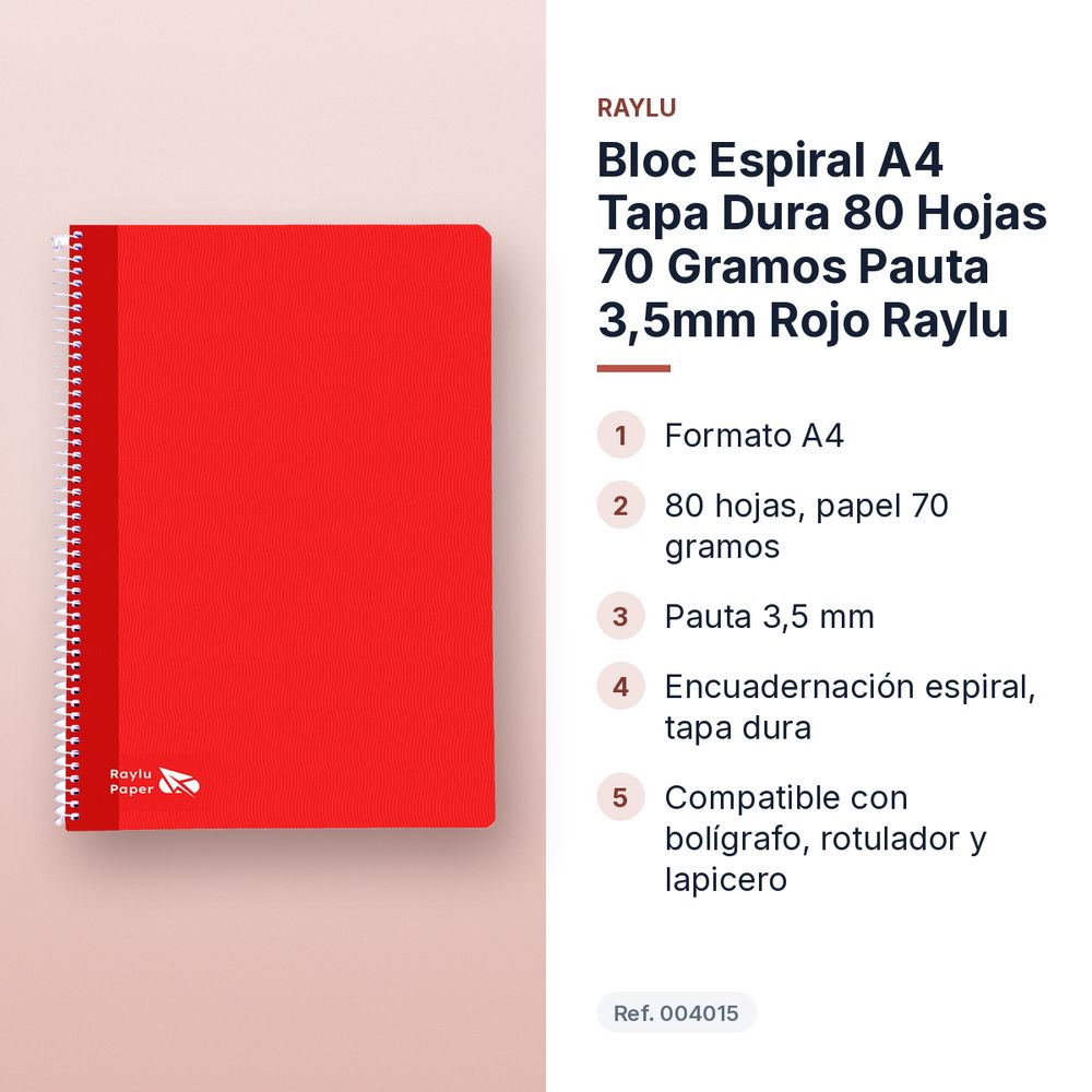 BLOC ESPIRAL A4 TAPA DURA 80 HOJAS 70 GRAMOS PAUTA 3,5MM ROJO RAYLU - características principales