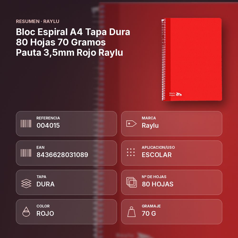 BLOC ESPIRAL A4 TAPA DURA 80 HOJAS 70 GRAMOS PAUTA 3,5MM ROJO RAYLU - resumen de atributos