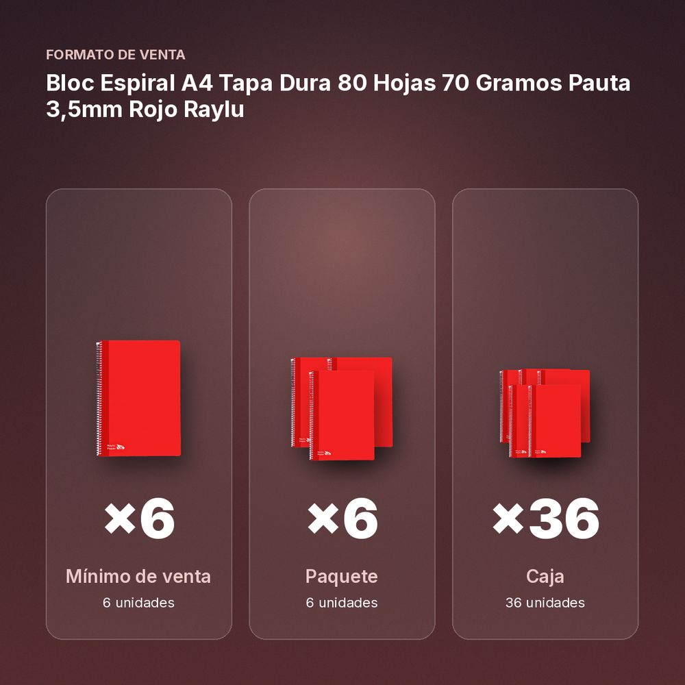 BLOC ESPIRAL A4 TAPA DURA 80 HOJAS 70 GRAMOS PAUTA 3,5MM ROJO RAYLU - formato de venta: paquete de 6, caja de 36, palé de 1296