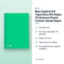 BLOC ESPIRAL A4 TAPA DURA 80 HOJAS 70 GRAMOS PAUTA 3,5MM VERDE RAYLU - características principales