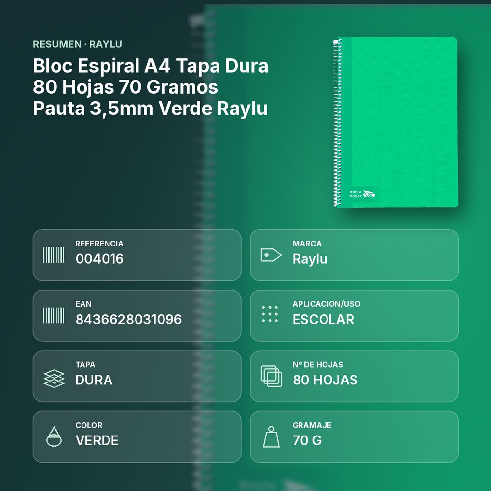BLOC ESPIRAL A4 TAPA DURA 80 HOJAS 70 GRAMOS PAUTA 3,5MM VERDE RAYLU - resumen de atributos