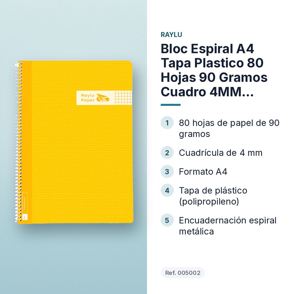BLOC ESPIRAL A4 TAPA PLASTICO 80 HOJAS 90 GRAMOS CUADRO 4MM AMARILLO RAYLU - características principales