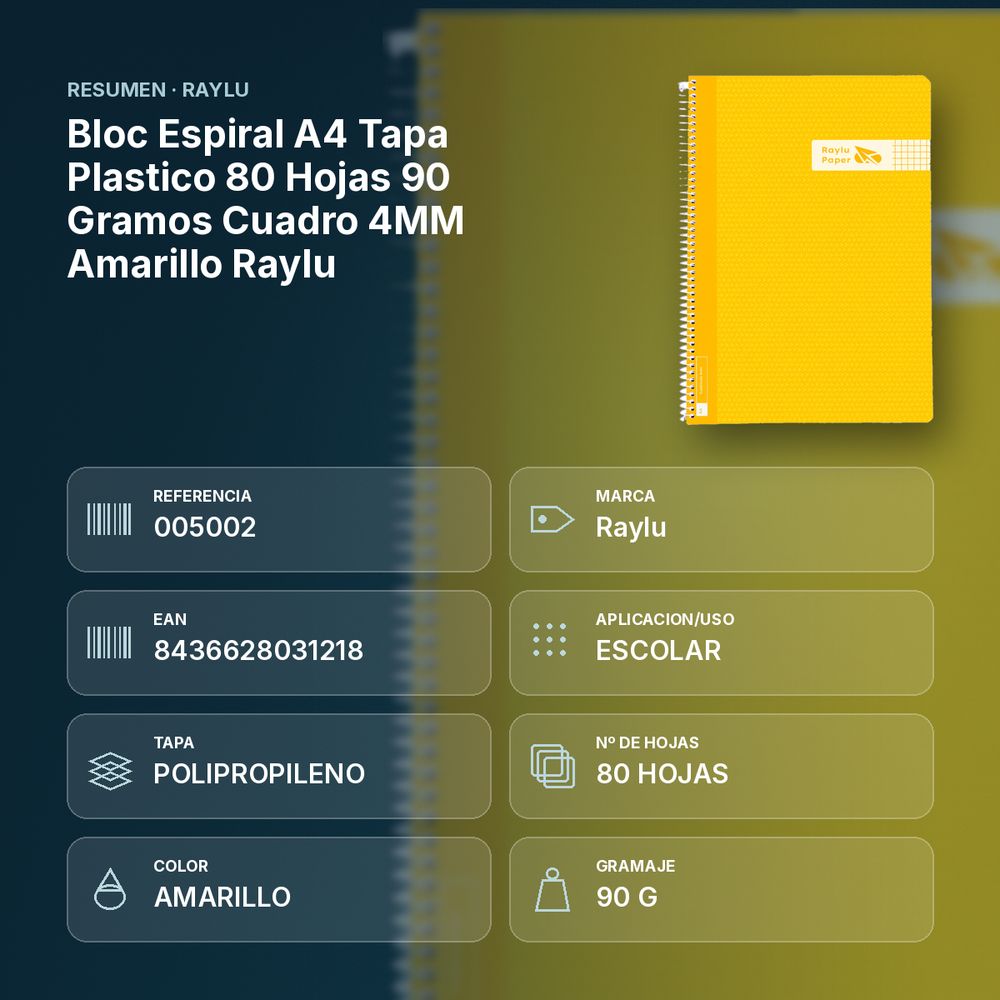 BLOC ESPIRAL A4 TAPA PLASTICO 80 HOJAS 90 GRAMOS CUADRO 4MM AMARILLO RAYLU - resumen de atributos