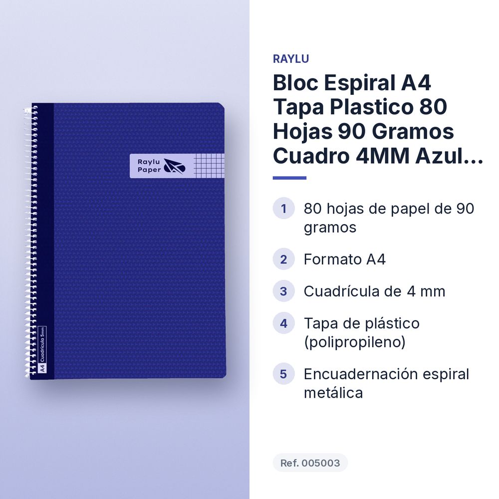 BLOC ESPIRAL A4 TAPA PLASTICO 80 HOJAS 90 GRAMOS CUADRO 4MM AZUL OSCURO RAYLU - características principales