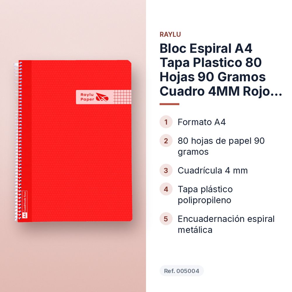 BLOC ESPIRAL A4 TAPA PLASTICO 80 HOJAS 90 GRAMOS CUADRO 4MM ROJO RAYLU - características principales