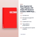 BLOC ESPIRAL A4 TAPA PLASTICO 80 HOJAS 90 GRAMOS CUADRO 4MM ROJO RAYLU - características principales