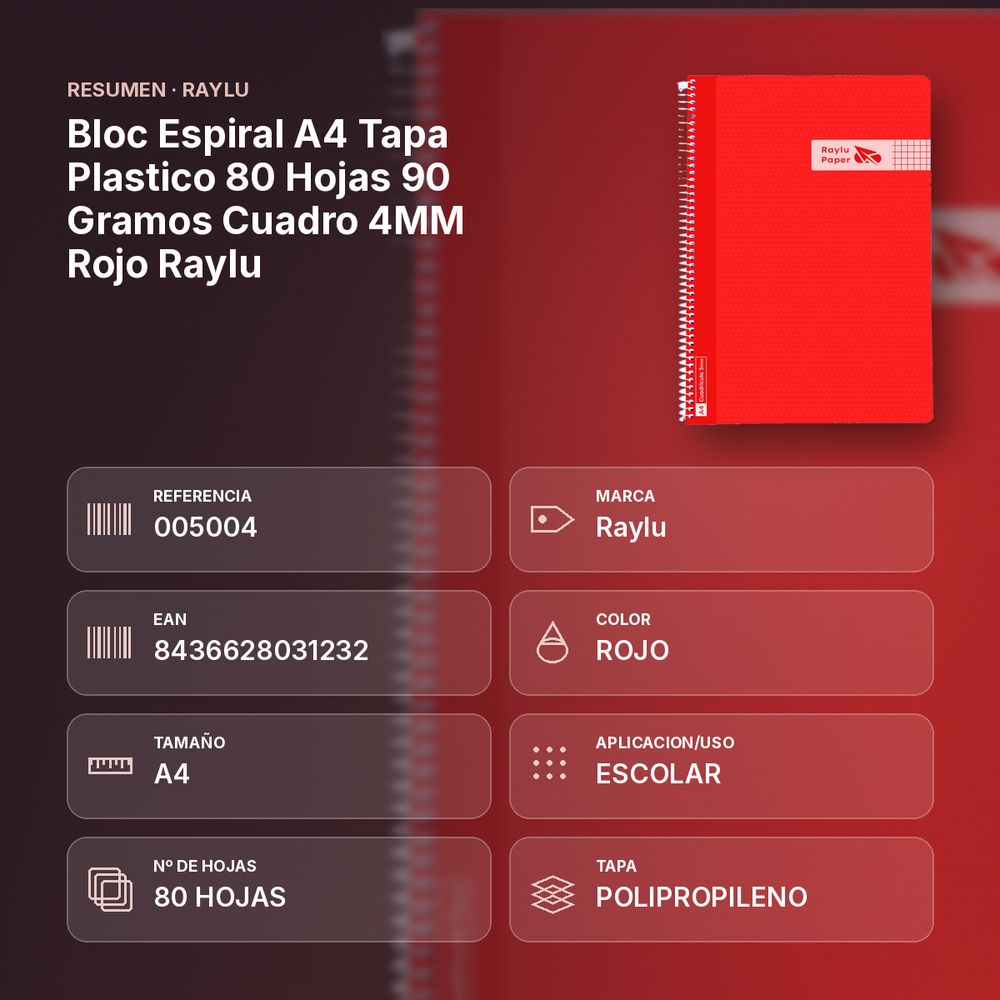 BLOC ESPIRAL A4 TAPA PLASTICO 80 HOJAS 90 GRAMOS CUADRO 4MM ROJO RAYLU - resumen de atributos