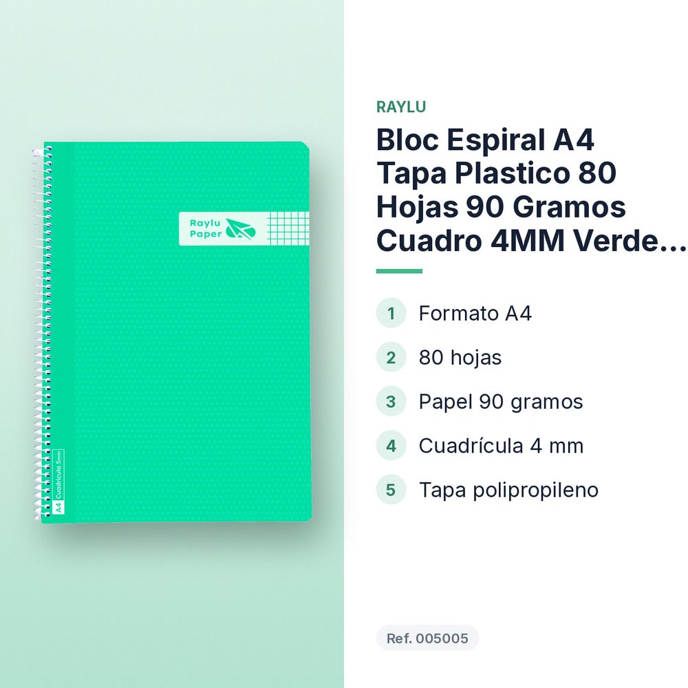BLOC ESPIRAL A4 TAPA PLASTICO 80 HOJAS 90 GRAMOS CUADRO 4MM VERDE RAYLU - características principales
