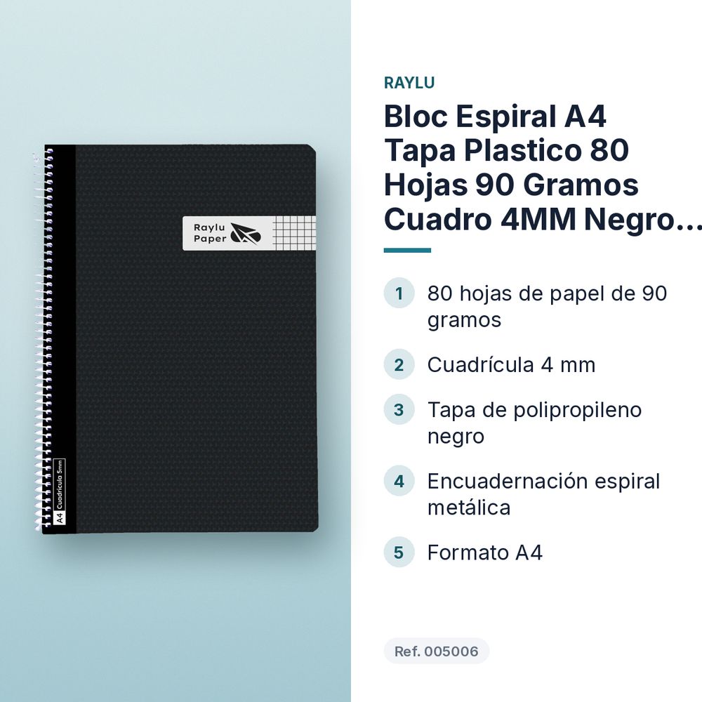 BLOC ESPIRAL A4 TAPA PLASTICO 80 HOJAS 90 GRAMOS CUADRO 4MM NEGRO RAYLU - características principales