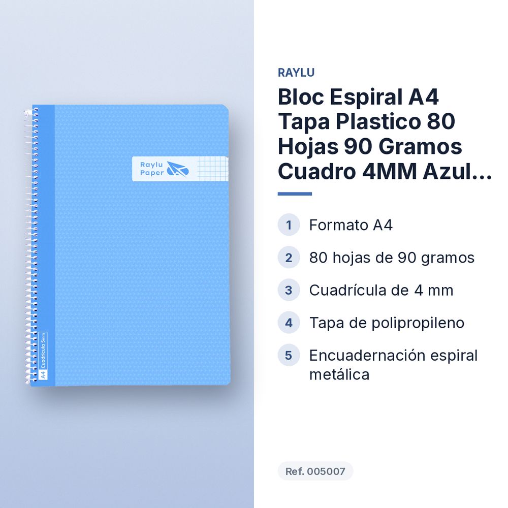 BLOC ESPIRAL A4 TAPA PLASTICO 80 HOJAS 90 GRAMOS CUADRO 4MM AZUL CLARO RAYLU - características principales