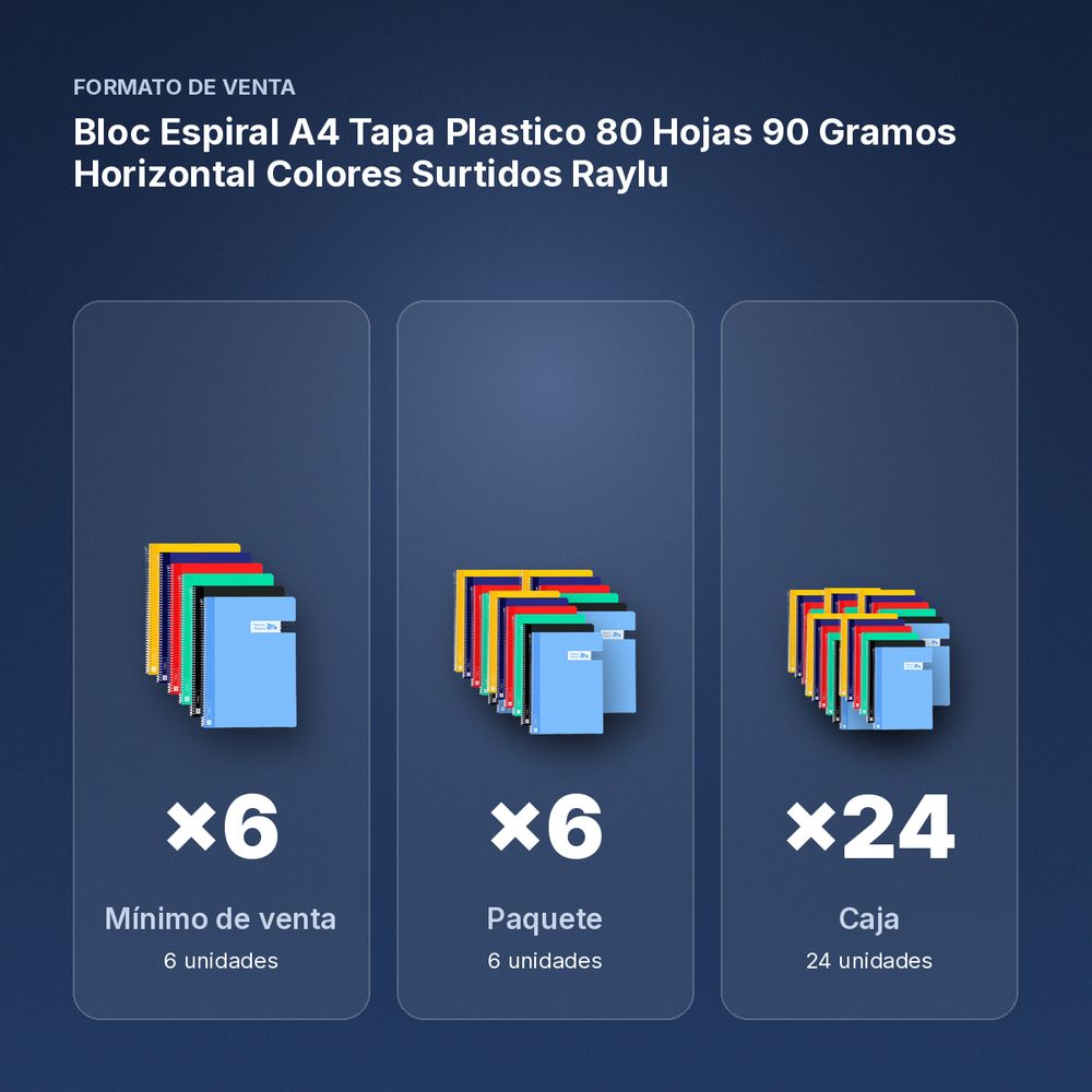 BLOC ESPIRAL A4 TAPA PLASTICO 80 HOJAS 90 GRAMOS HORIZONTAL COLORES SURTIDOS RAYLU - formato de venta: paquete de 6, caja de 24, palé de 1200