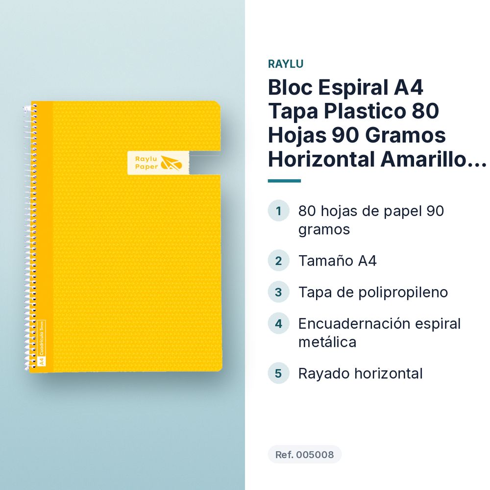 BLOC ESPIRAL A4 TAPA PLASTICO 80 HOJAS 90 GRAMOS HORIZONTAL AMARILLO RAYLU - características principales
