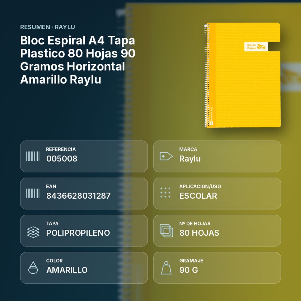 BLOC ESPIRAL A4 TAPA PLASTICO 80 HOJAS 90 GRAMOS HORIZONTAL AMARILLO RAYLU - resumen de atributos