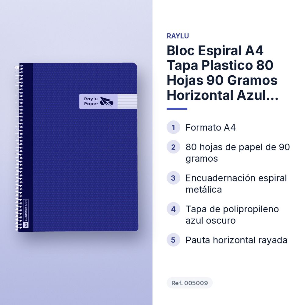 BLOC ESPIRAL A4 TAPA PLASTICO 80 HOJAS 90 GRAMOS HORIZONTAL AZUL OSCURO RAYLU - características principales
