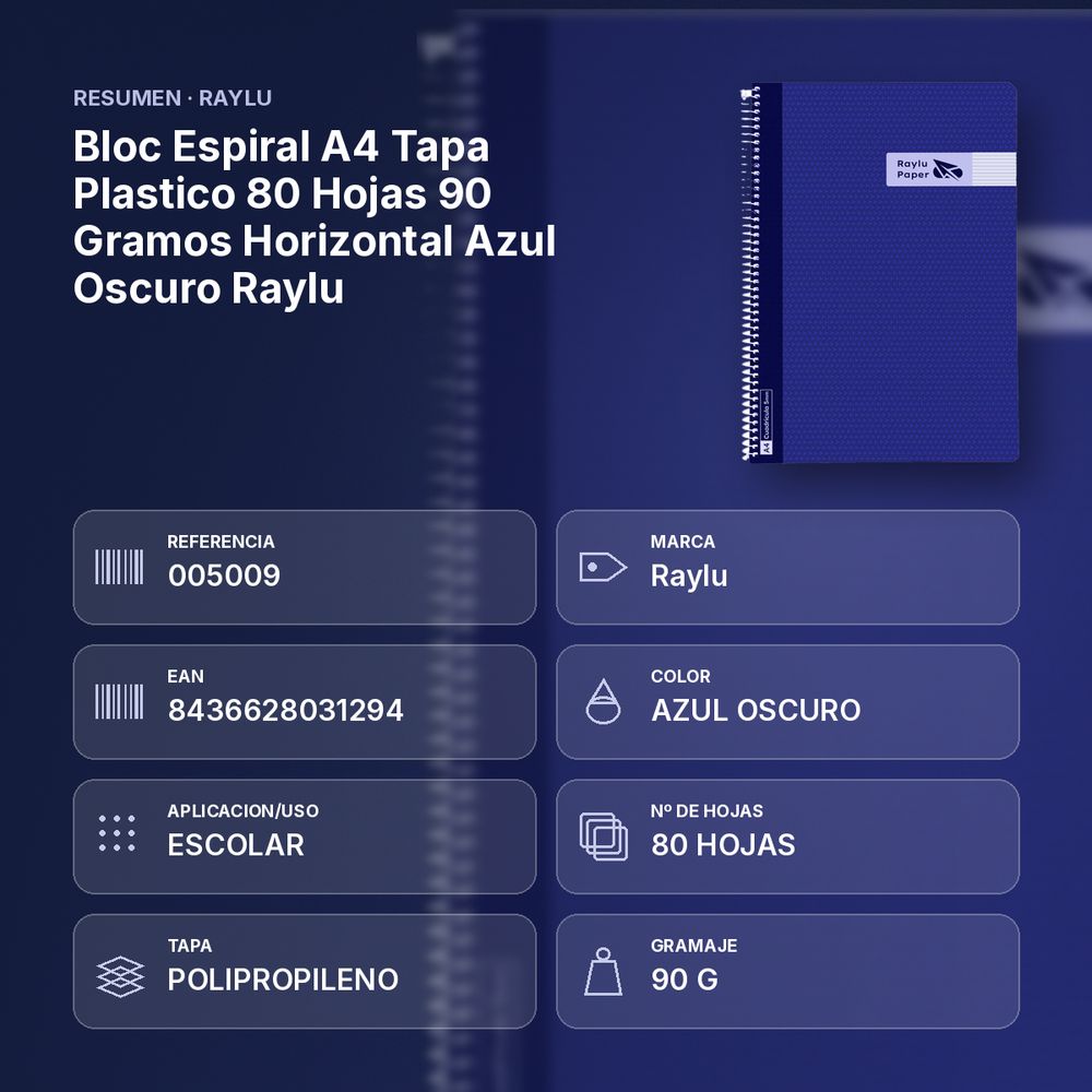 BLOC ESPIRAL A4 TAPA PLASTICO 80 HOJAS 90 GRAMOS HORIZONTAL AZUL OSCURO RAYLU - resumen de atributos