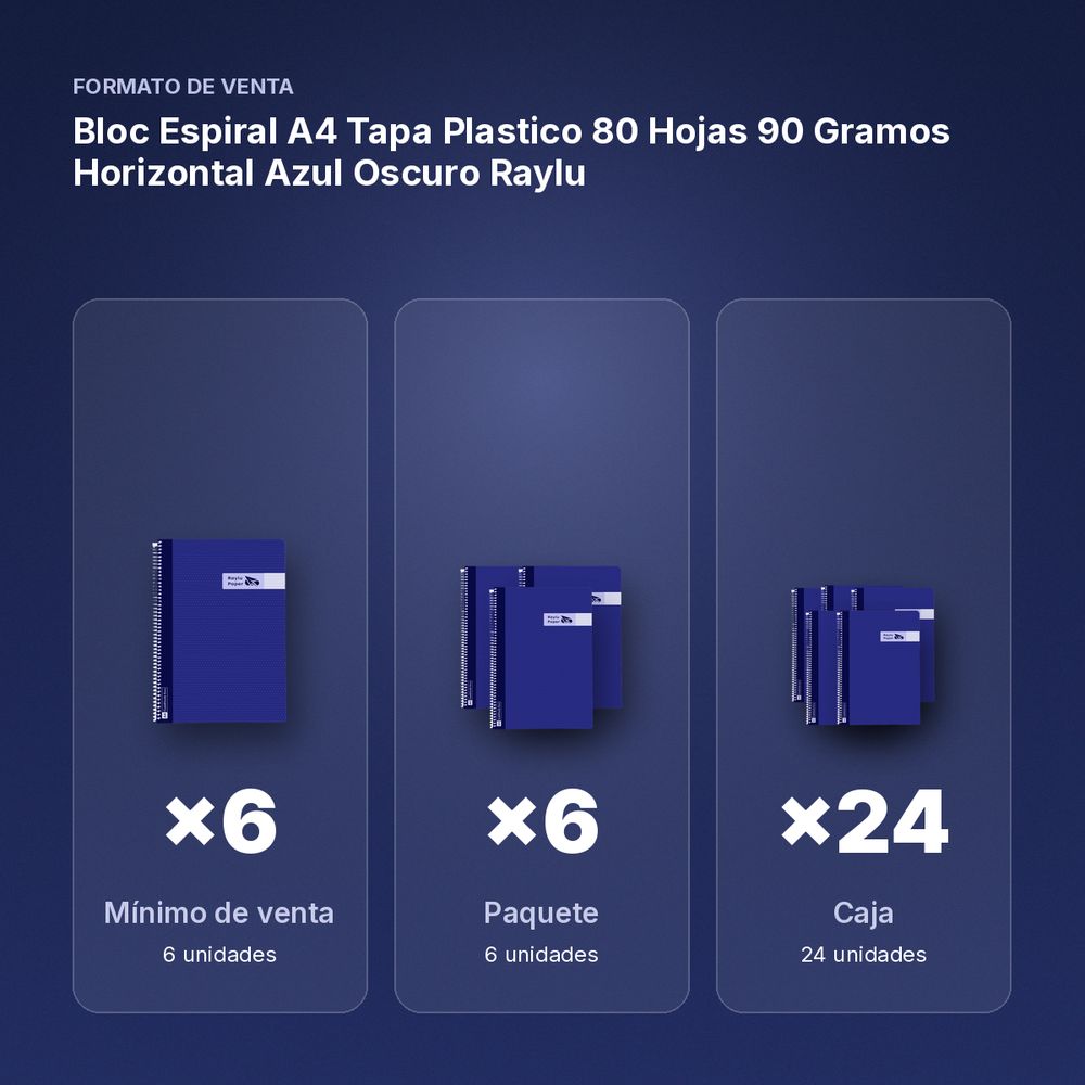 BLOC ESPIRAL A4 TAPA PLASTICO 80 HOJAS 90 GRAMOS HORIZONTAL AZUL OSCURO RAYLU - formato de venta: paquete de 6, caja de 24, palé de 1200
