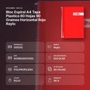 BLOC ESPIRAL A4 TAPA PLASTICO 80 HOJAS 90 GRAMOS HORIZONTAL ROJO RAYLU - resumen de atributos