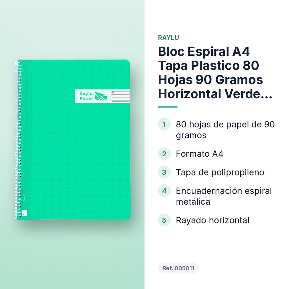 BLOC ESPIRAL A4 TAPA PLASTICO 80 HOJAS 90 GRAMOS HORIZONTAL VERDE RAYLU - características principales
