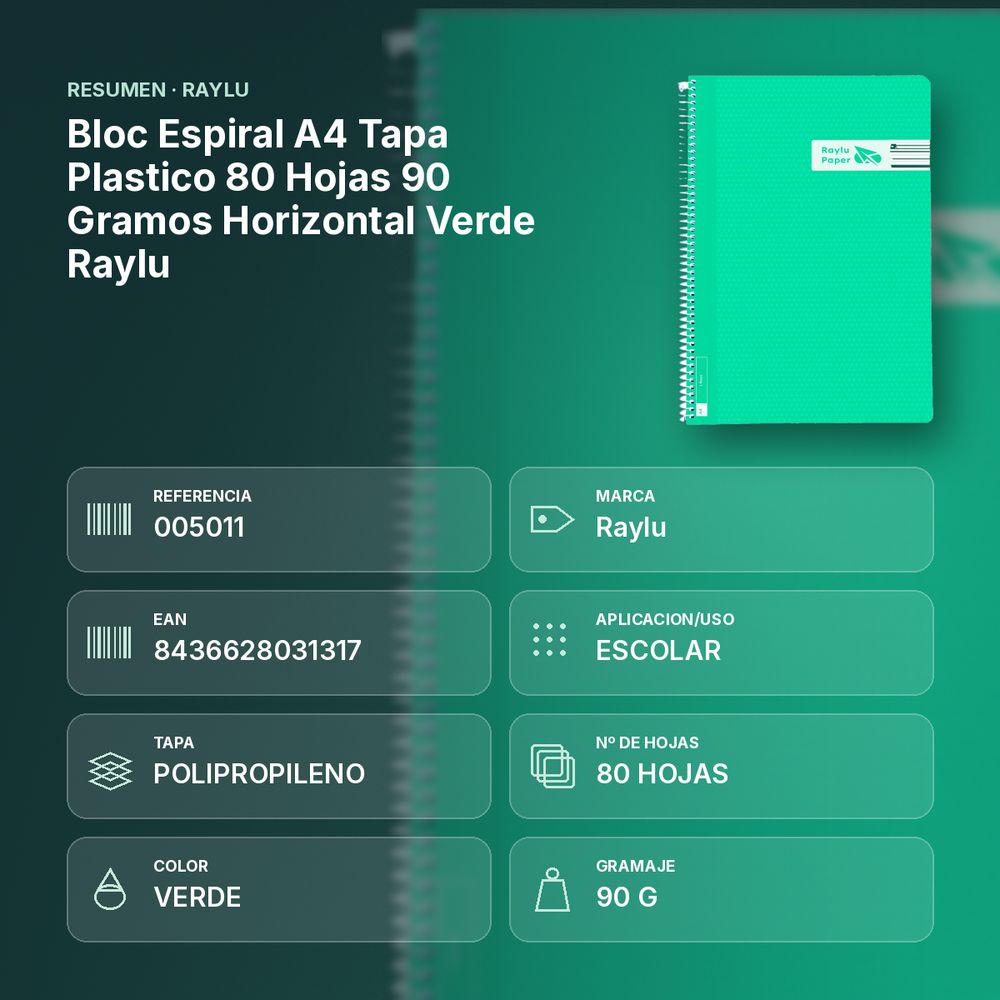 BLOC ESPIRAL A4 TAPA PLASTICO 80 HOJAS 90 GRAMOS HORIZONTAL VERDE RAYLU - resumen de atributos