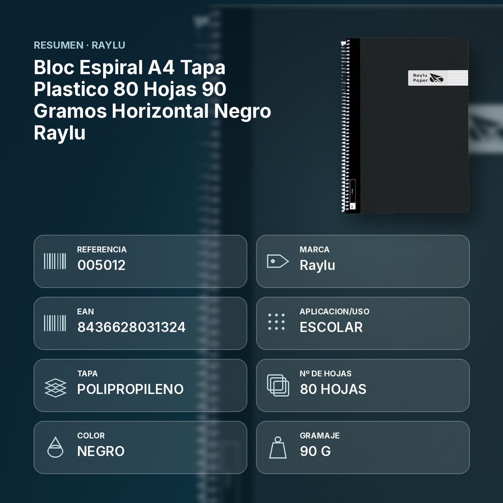 BLOC ESPIRAL A4 TAPA PLASTICO 80 HOJAS 90 GRAMOS HORIZONTAL NEGRO RAYLU - resumen de atributos