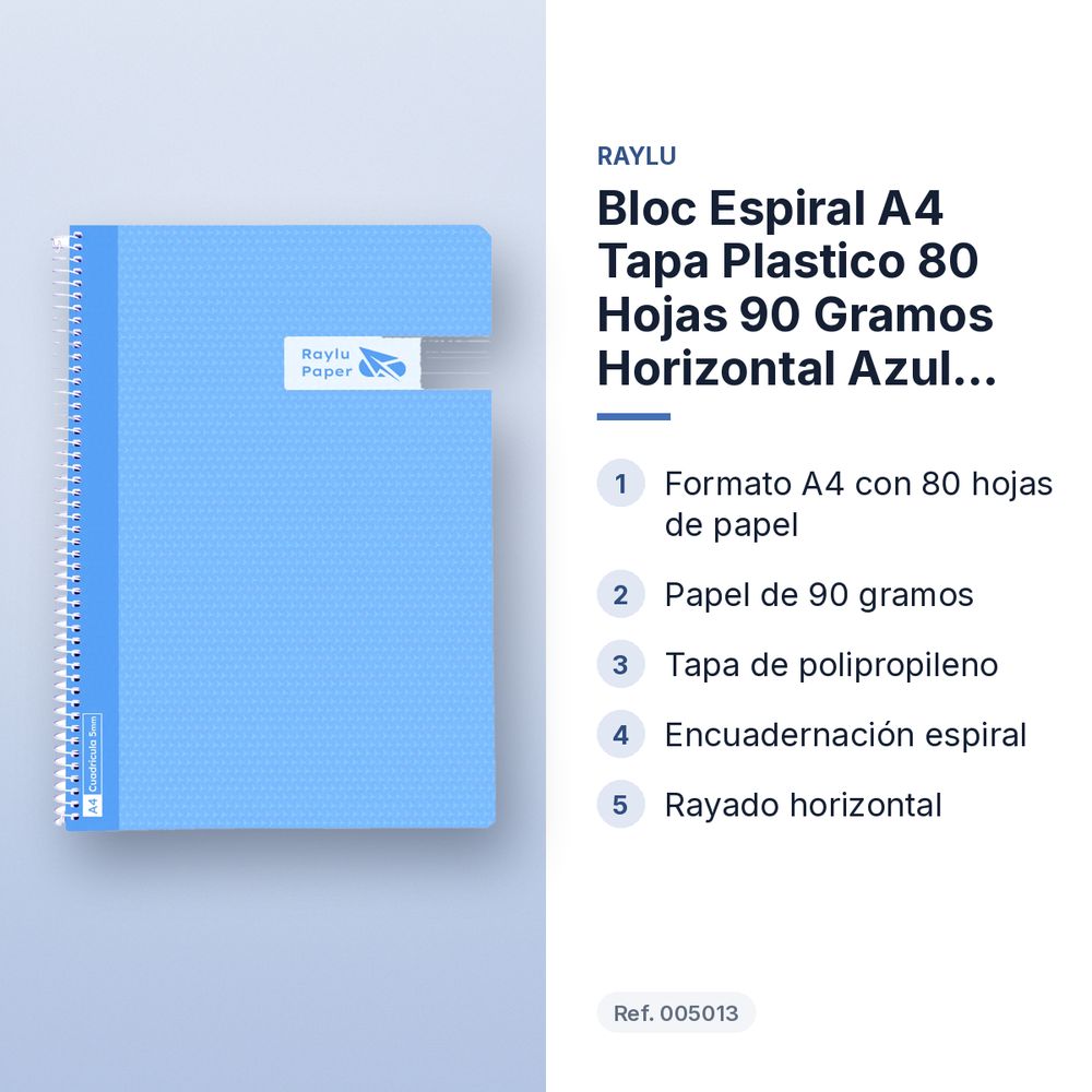 BLOC ESPIRAL A4 TAPA PLASTICO 80 HOJAS 90 GRAMOS HORIZONTAL AZUL CLARO RAYLU - características principales
